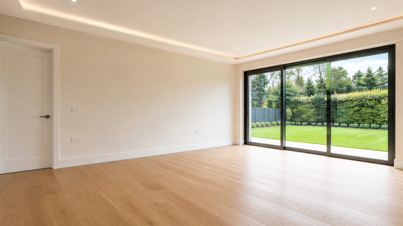 Before: an empty reception room with sliding doors onto the lawn.