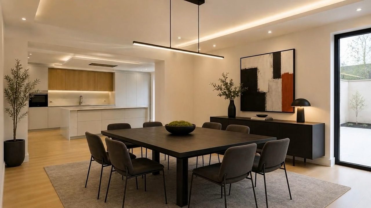 After: the same space furnishing itself with a dining table, sideboard and art.