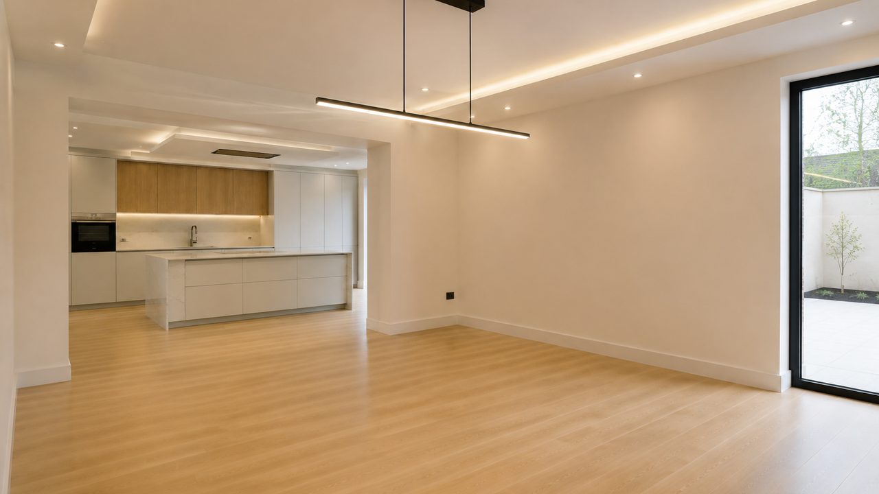 Before: an empty open-plan living and dining room, kitchen beyond.