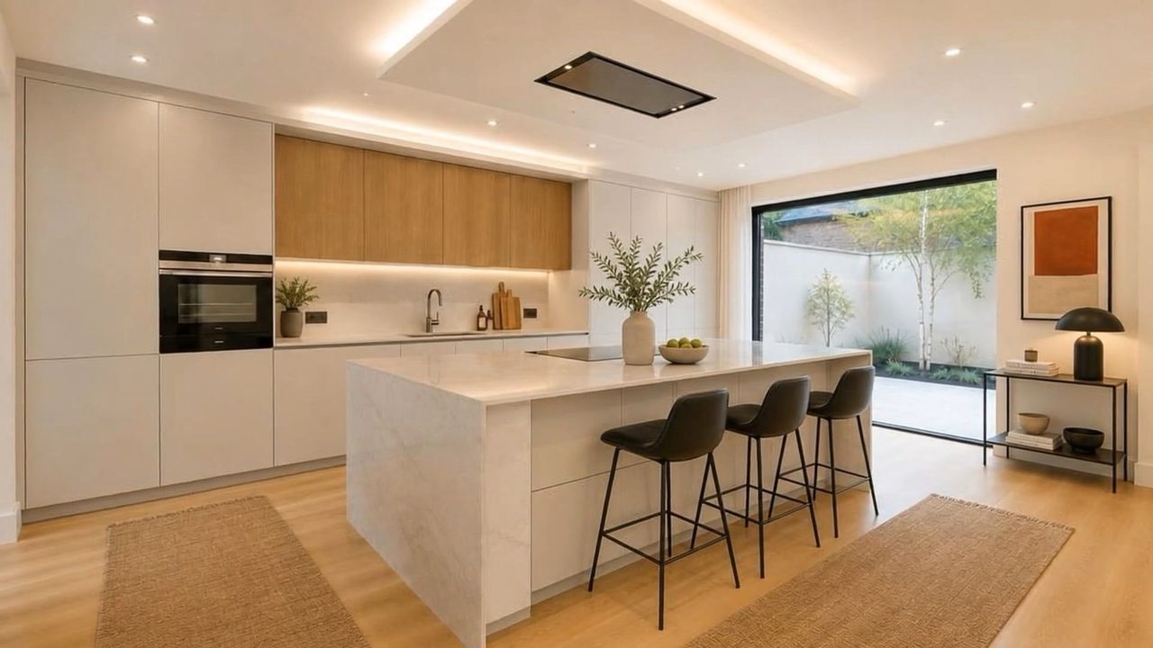 After: the same kitchen filling with bar stools and dressed surfaces.