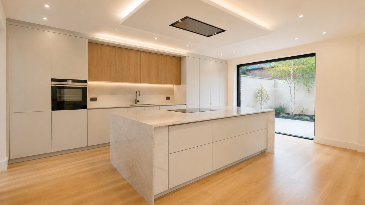 Before: a finished but completely empty kitchen with an island.