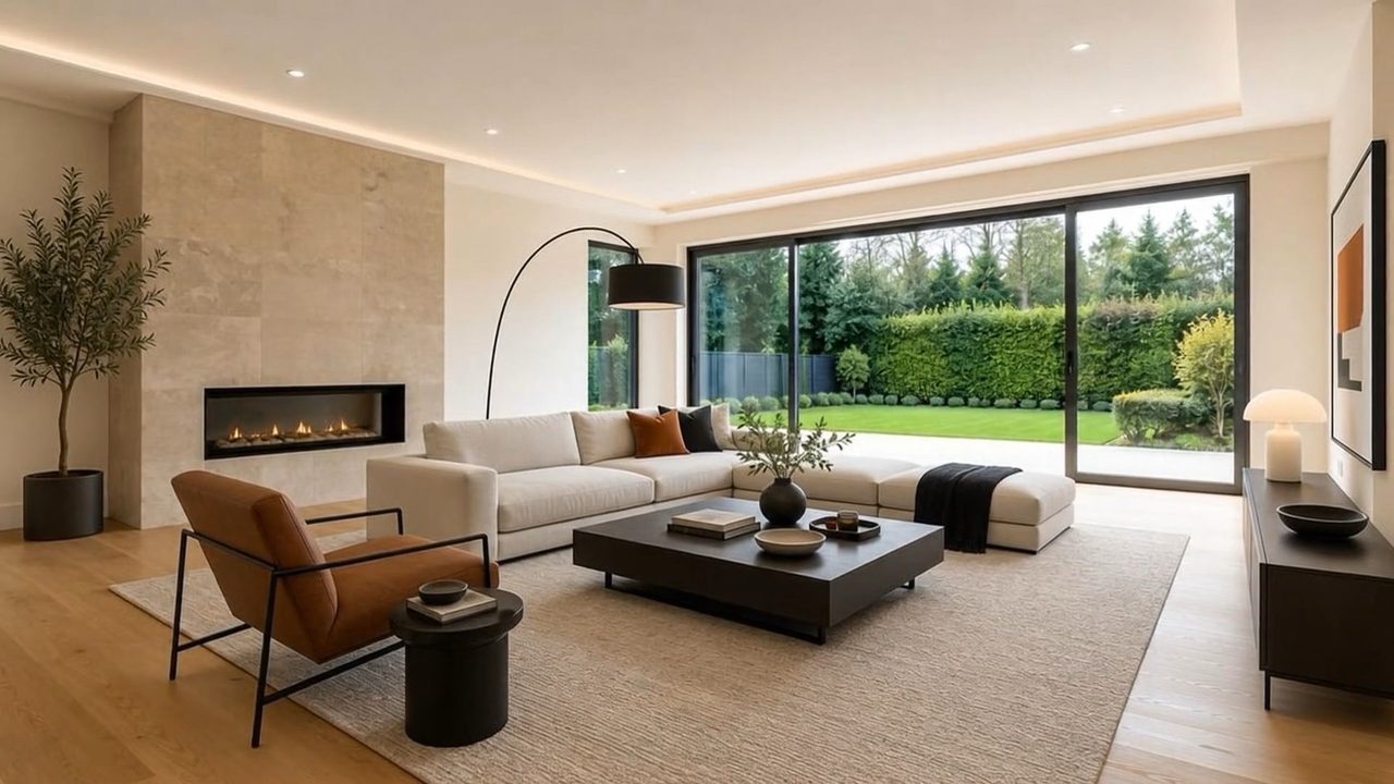 After: the same room filling with a sofa, low table and rug facing the fire.