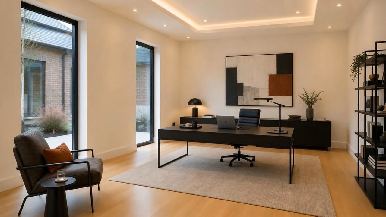 After: the same room becoming a home office with a desk and shelving.