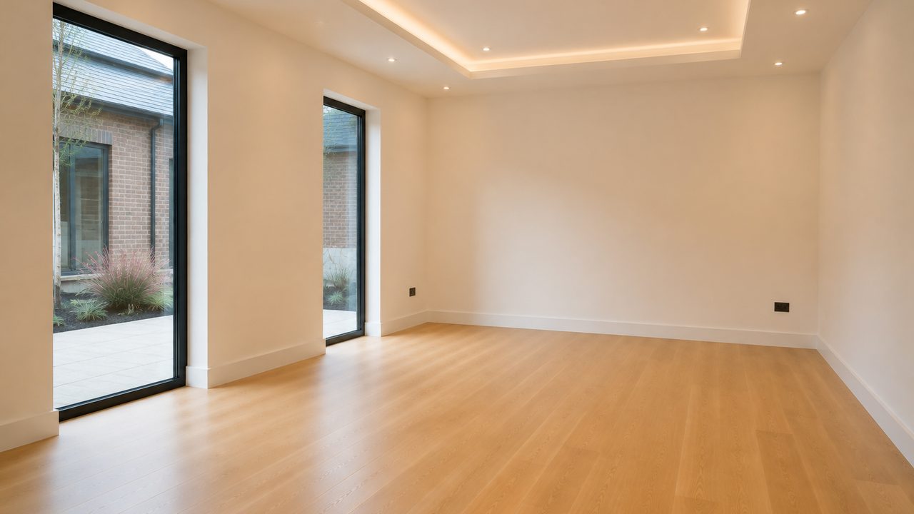 Before: an empty corner room with two window aspects.