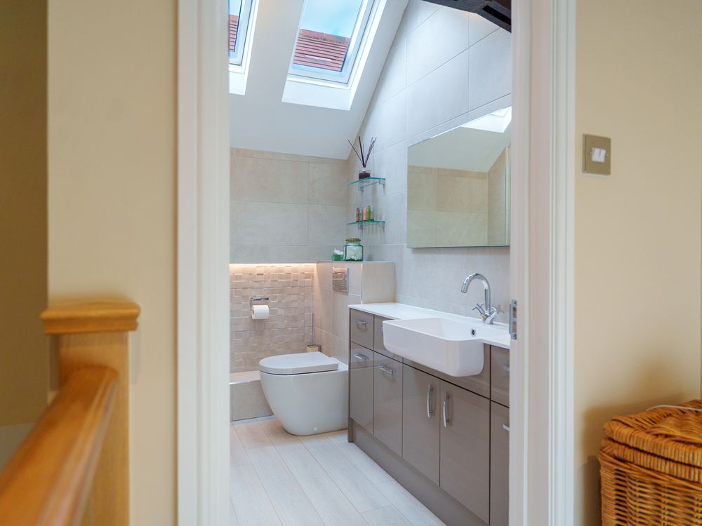 En-suite shower room under a sloping ceiling lit by a rooflight
