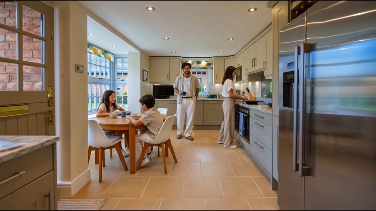 A large open kitchen with a family at the table and worktops in use.