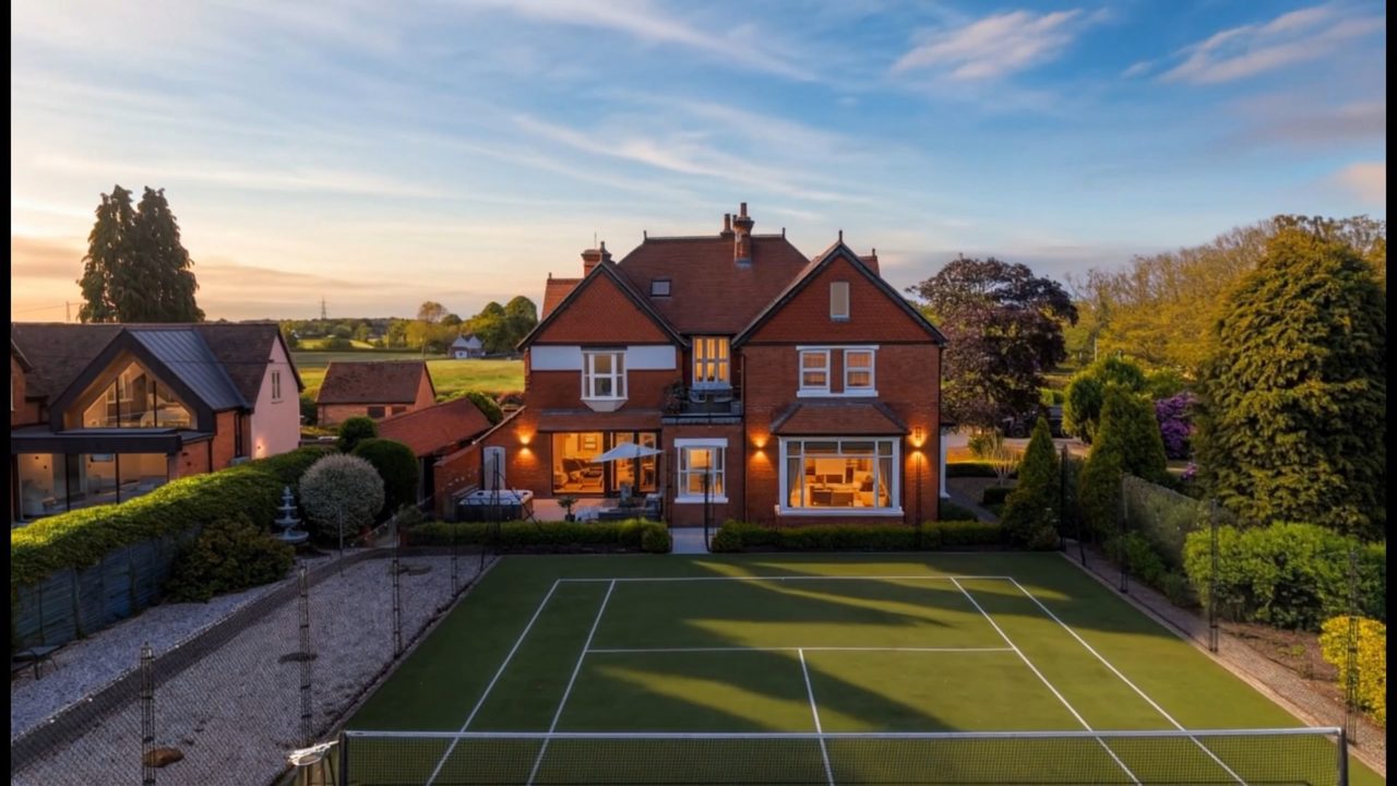 An aerial view of a lit house and lawn tennis court at golden hour.